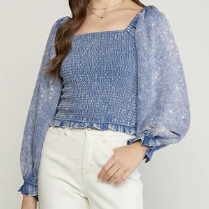 Entro Grace Smocked Top in Chambray A3